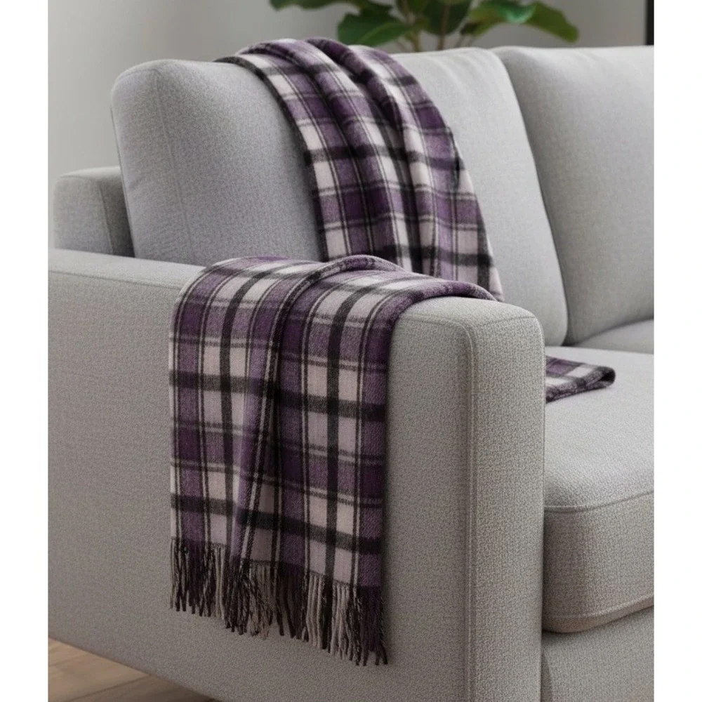 Purple Black White Plaid Throw Blanket 60x76